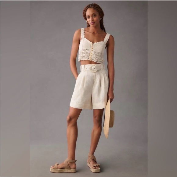 NWT FARM RIO X Anthropologie Tailored Linen Shorts in Off White with Belt Size S - Picture 2 of 10